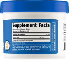 Nutricost L-Carnosine powder label close-up shows quality features.