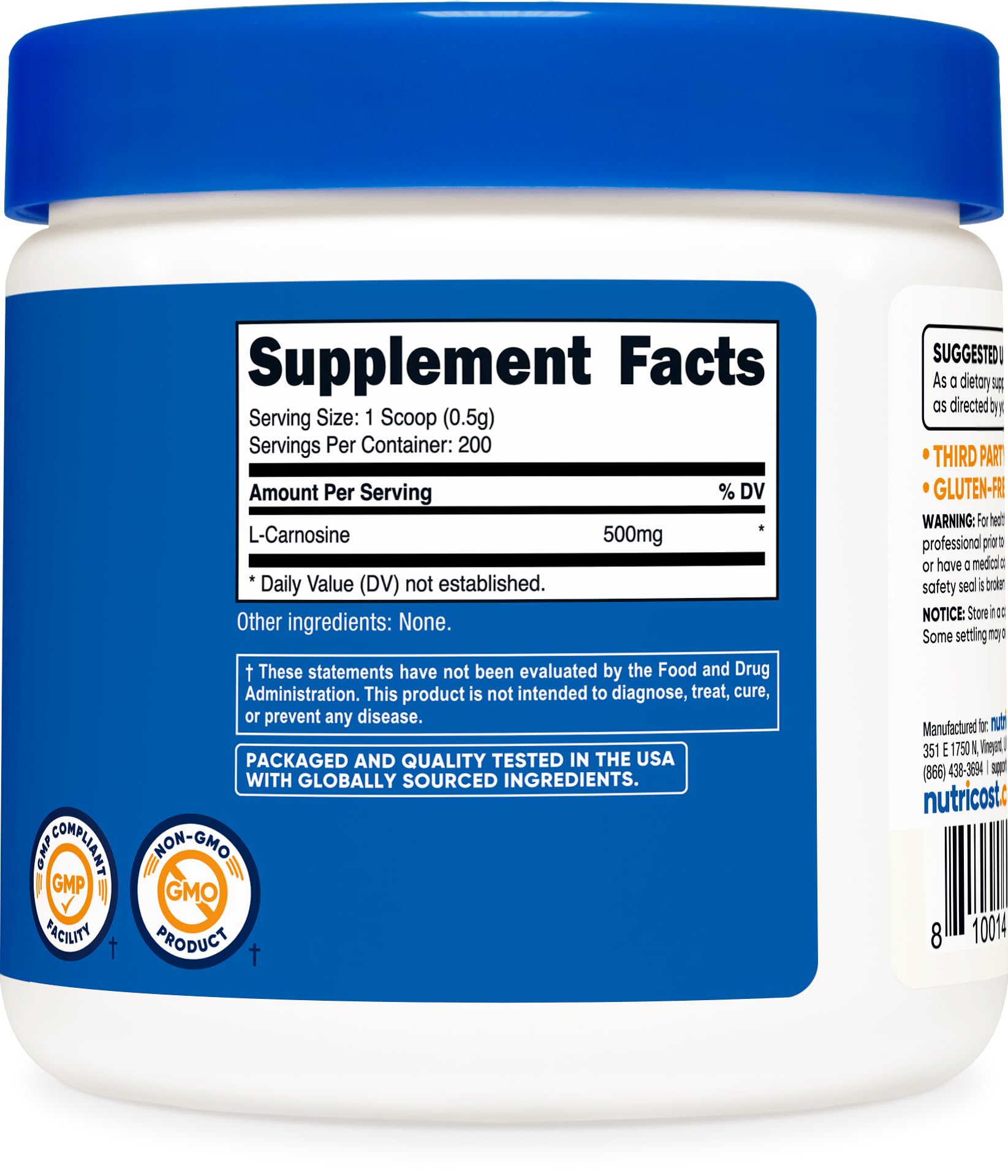 Nutricost L-Carnosine powder nutrition facts label for informed purchases
