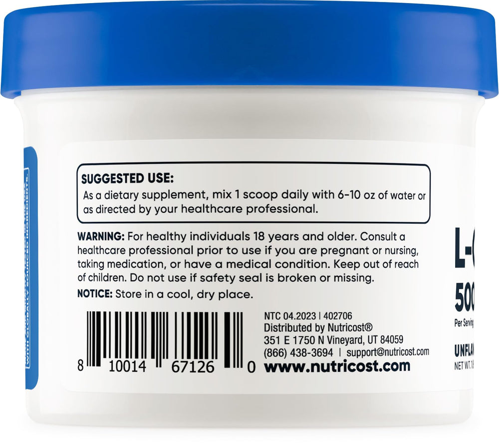 Nutricost L-Carnosine powder packaging highlighting non-GMO and gluten-free status.
