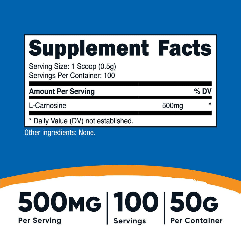 Nutricost L-Carnosine powder scoop shows convenient 500 mg servings.