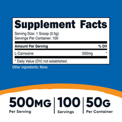 Nutricost L-Carnosine powder scoop shows convenient 500 mg servings.