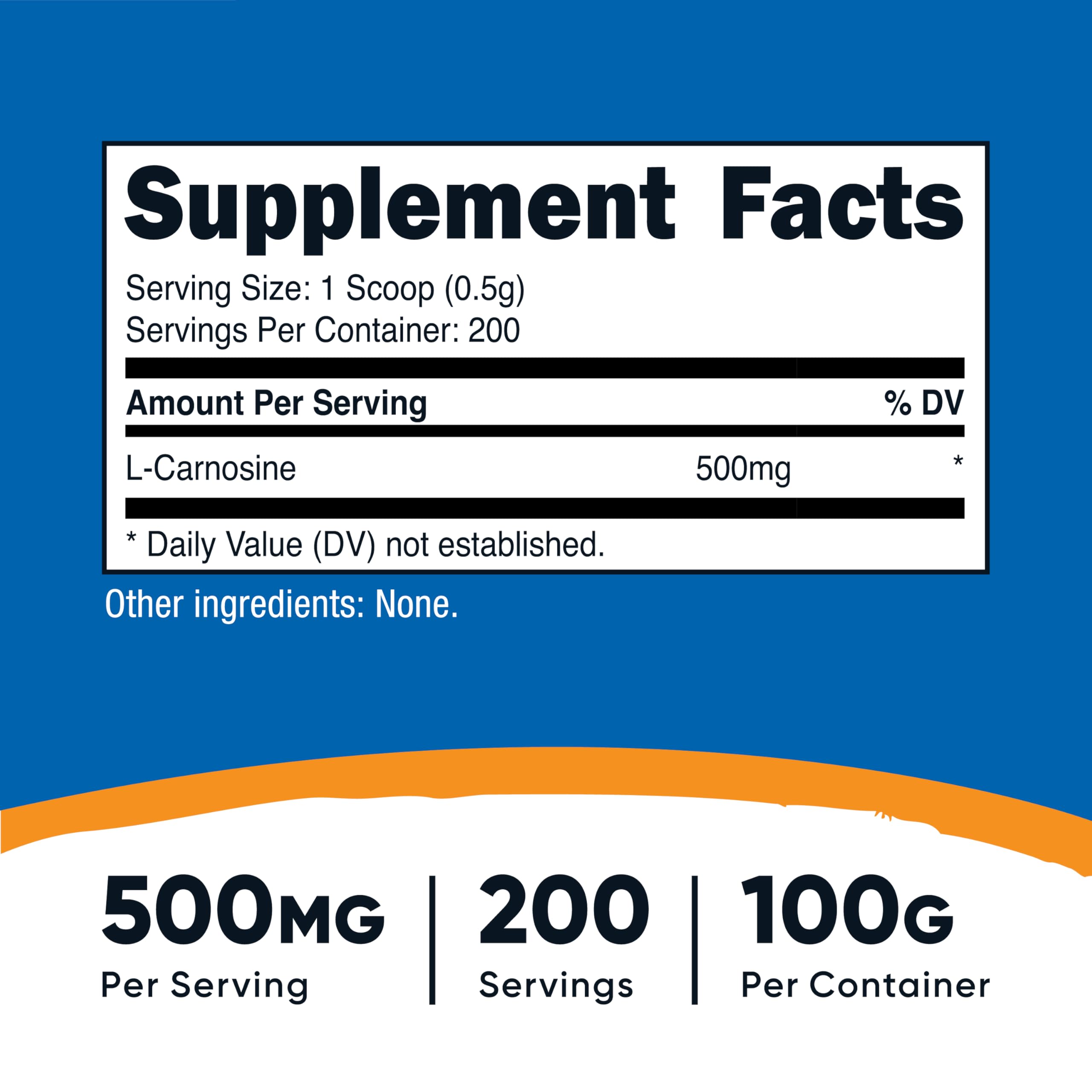 Nutricost L-Carnosine powder serving scoop showing 500 mg portions