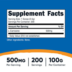 Nutricost L-Carnosine powder serving scoop showing 500 mg portions