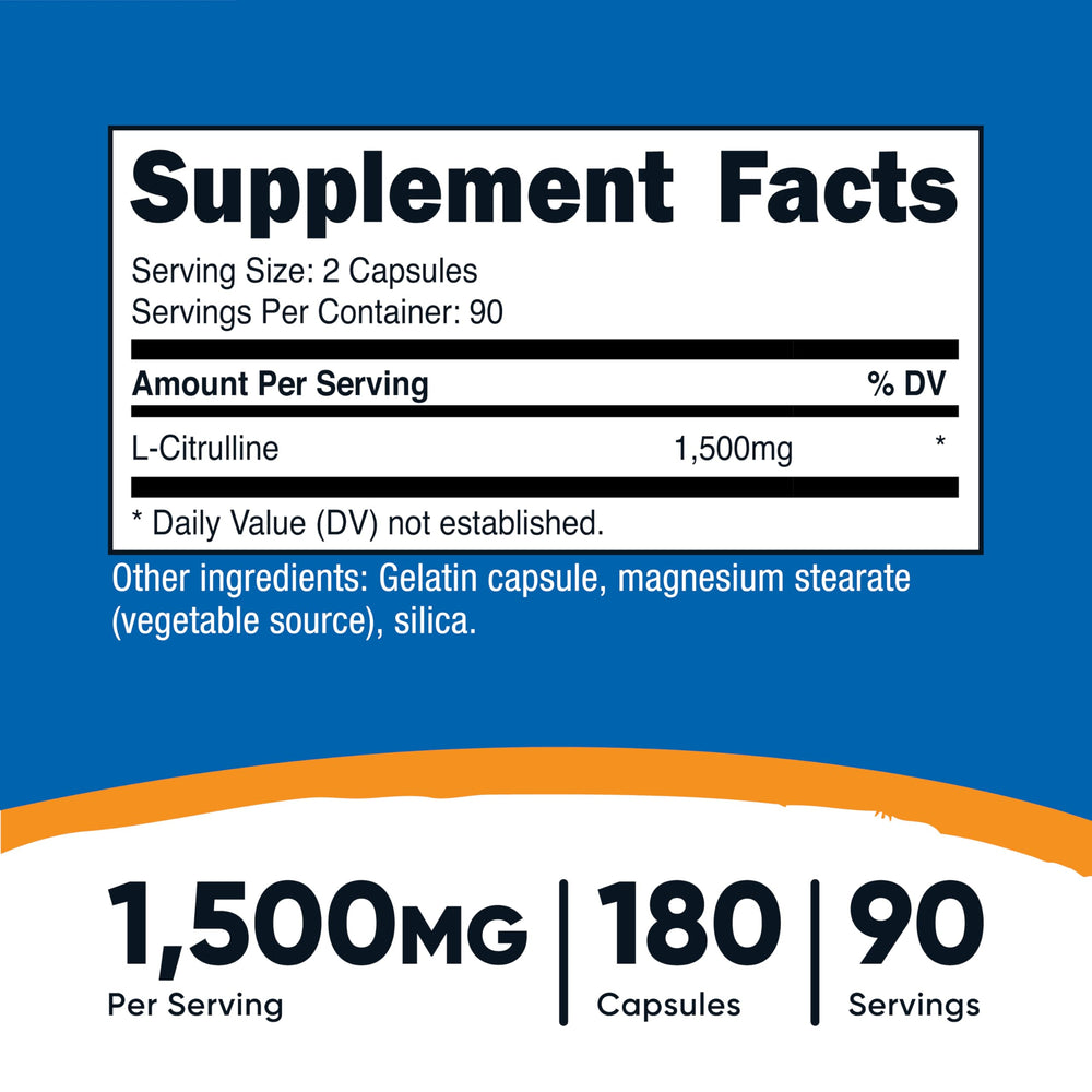 Nutricost L-Citrulline bottle label close-up highlighting dosage.
