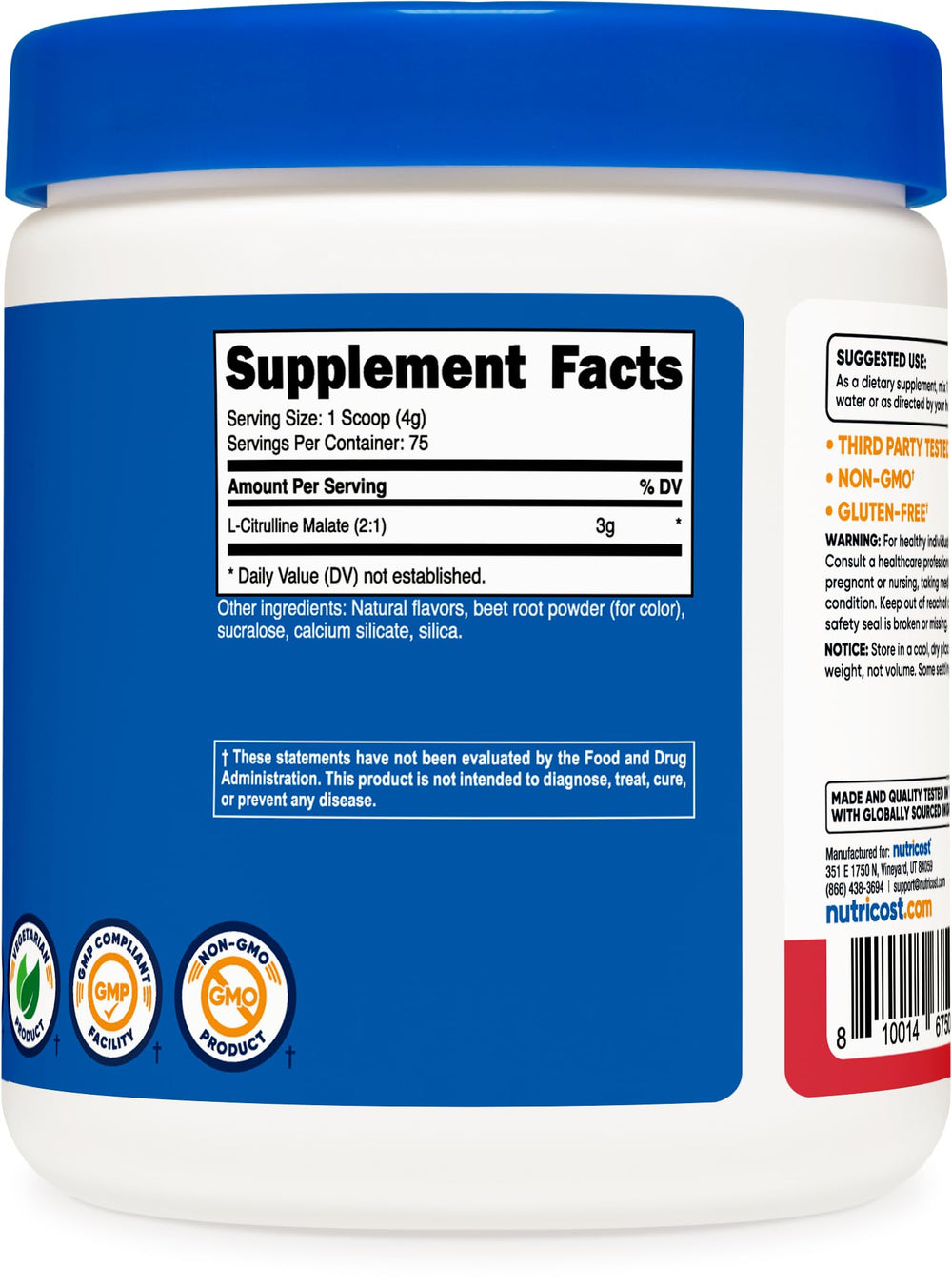 Nutricost L-Citrulline Malate 2:1 bottle-front-view reveals 300 g supply and tasty flavor.