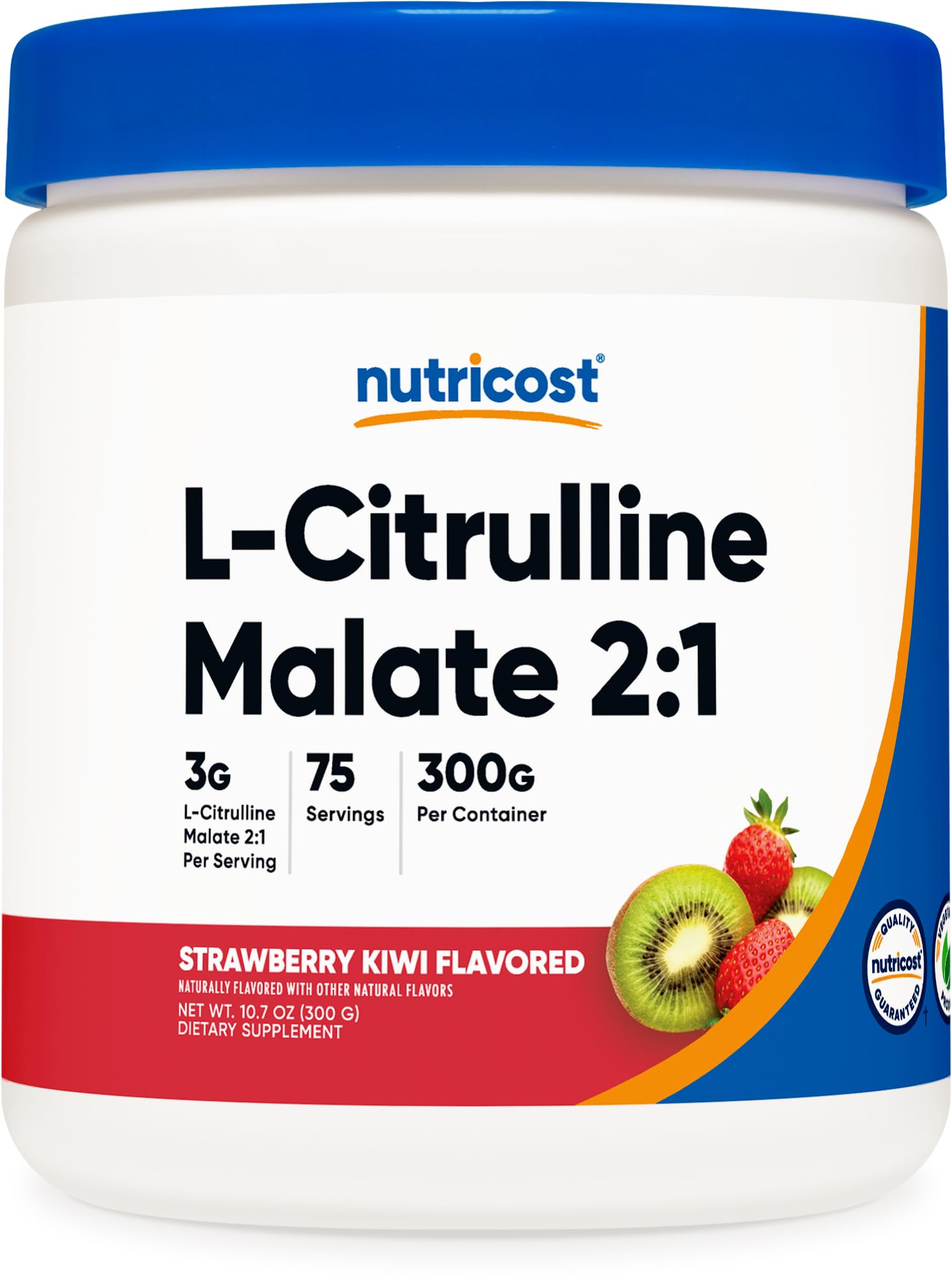 Nutricost L-Citrulline Malate 2:1 bottle with strawberry kiwi flavor for convenient pre-workout refreshment.