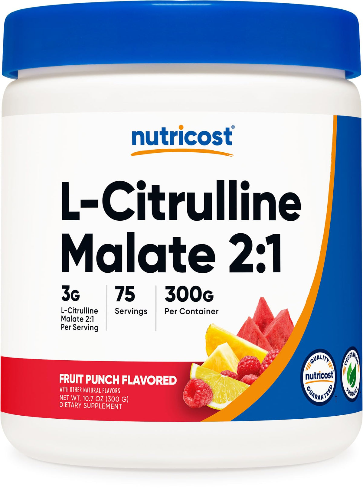 Nutricost L-Citrulline Malate 2:1 Fruit Punch bottle signaling enhanced workout support.