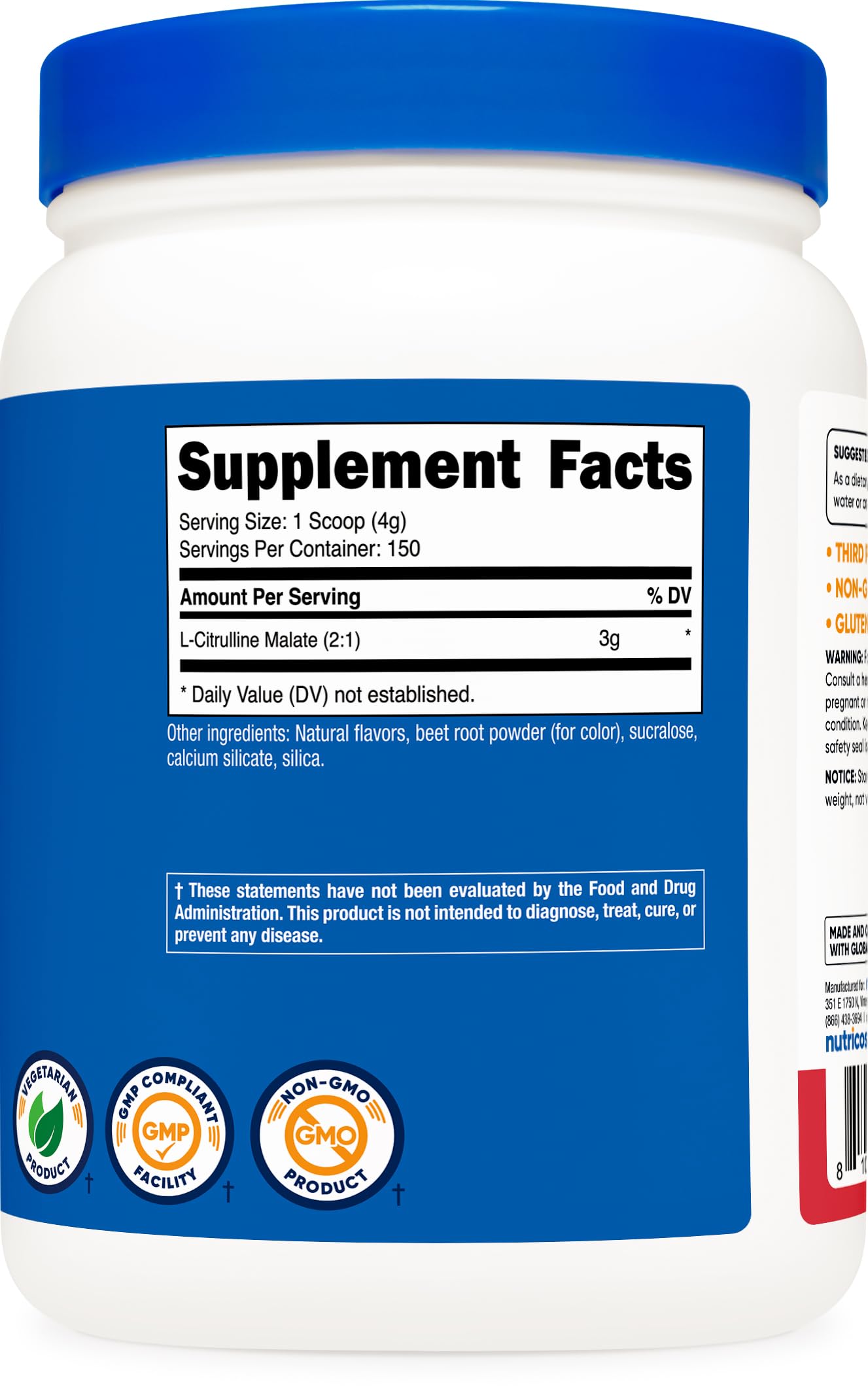 Nutricost L-Citrulline Malate 2:1 nutrition label highlights ingredients