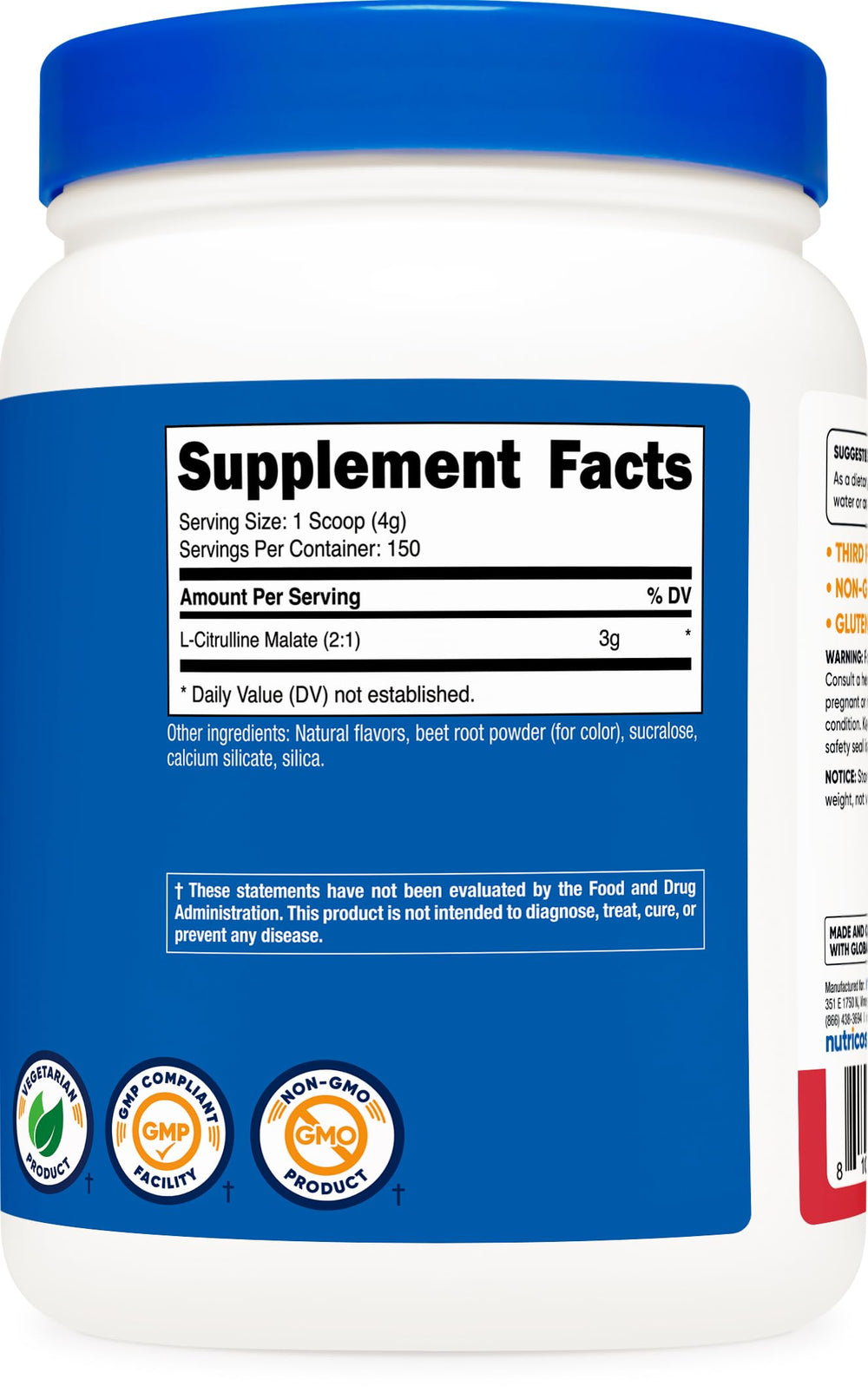 Nutricost L-Citrulline Malate 2:1 nutrition label highlights ingredients