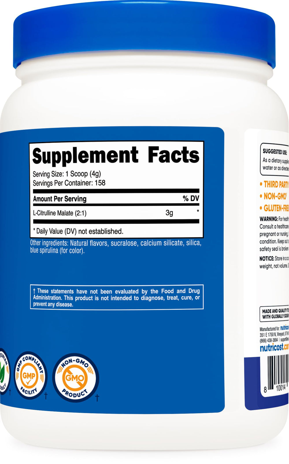 Nutricost L-Citrulline Malate 2:1 nutrition facts panel confirms gluten-free, non-GMO