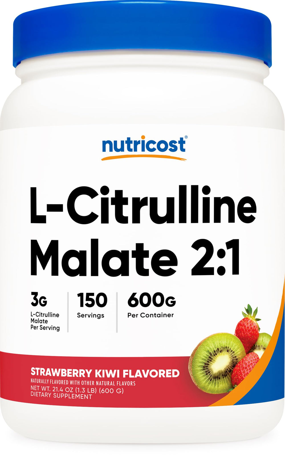 Nutricost L-Citrulline Malate 2:1 strawberry kiwi tub viewed for workouts and endurance