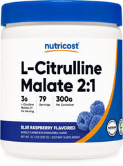 Nutricost L-Citrulline Malate 2:1 bottle with blue raspberry flavor for workout endurance.
