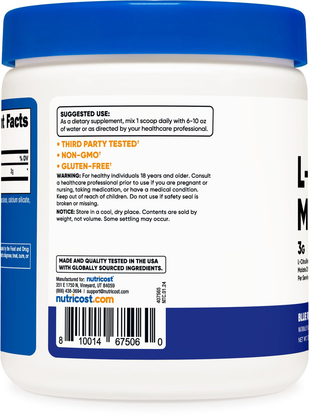 Nutricost L-Citrulline Malate 2:1 blue raspberry powder close-up.