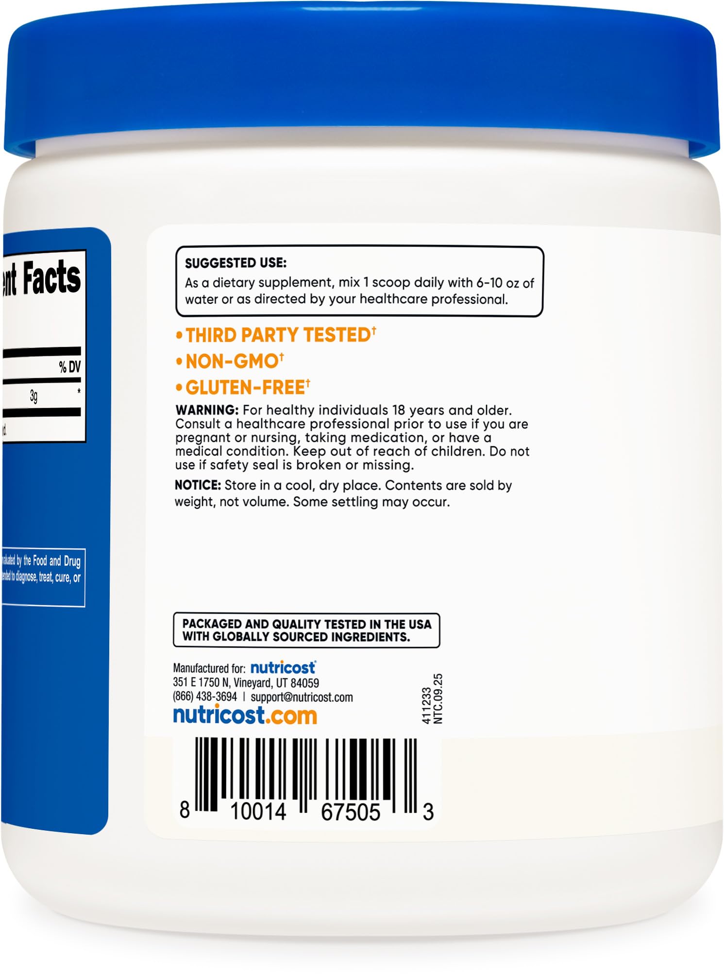 Nutricost L-Citrulline Malate bottle label with product details and benefits.