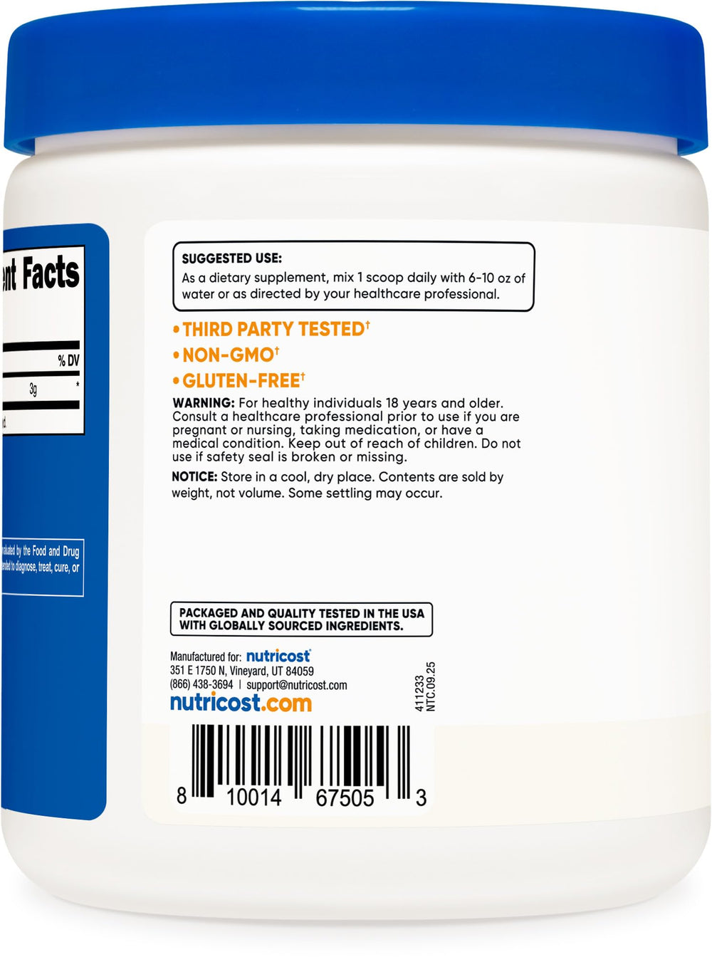 Nutricost L-Citrulline Malate bottle label with product details and benefits.