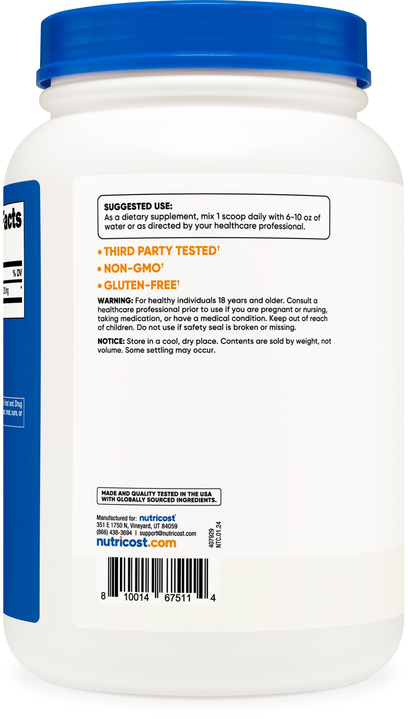 Nutricost L-Citrulline Malate label highlights gluten-free and non-GMO
