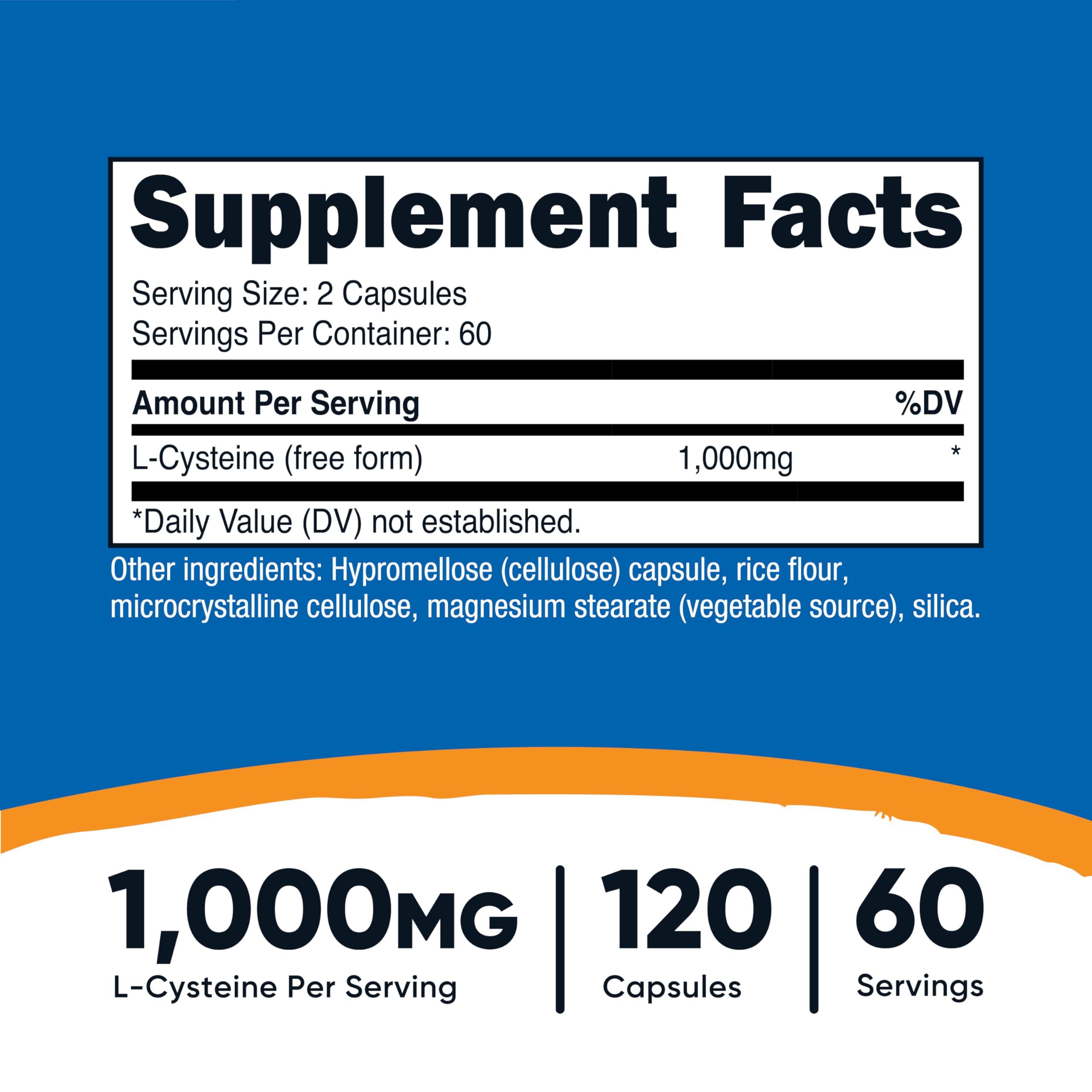 Nutricost L-Cysteine 1000mg capsules close-up showing two-capsule serving.