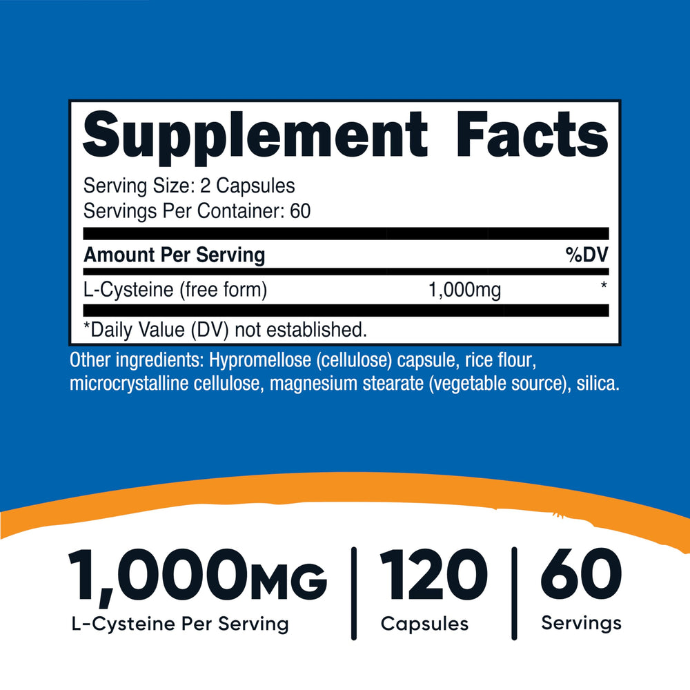 Nutricost L-Cysteine 1000mg capsules close-up showing two-capsule serving.