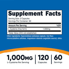 Nutricost L-Cysteine 1000mg capsules close-up showing two-capsule serving.