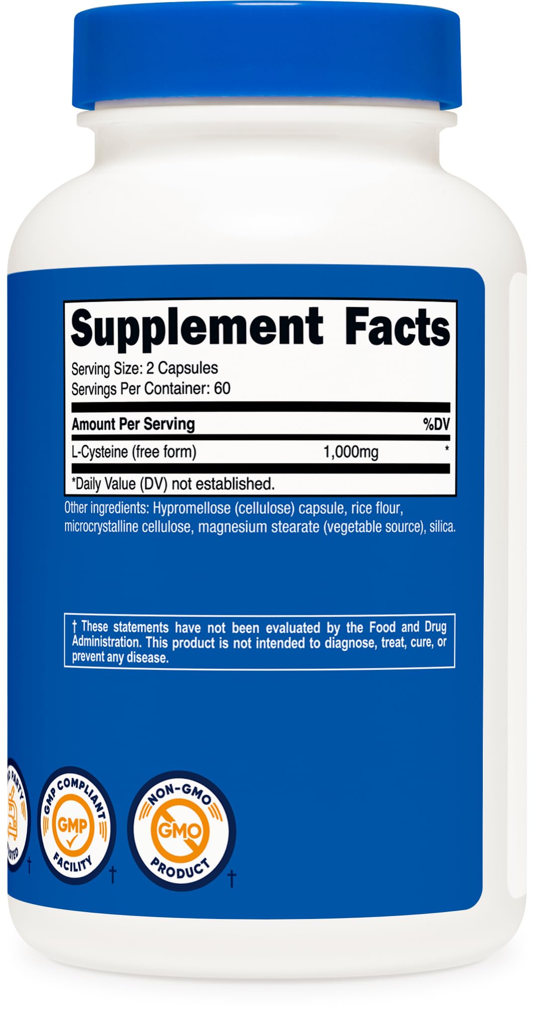 Nutricost L-Cysteine 1000mg facility text notes NSF GMP FDA registered quality.