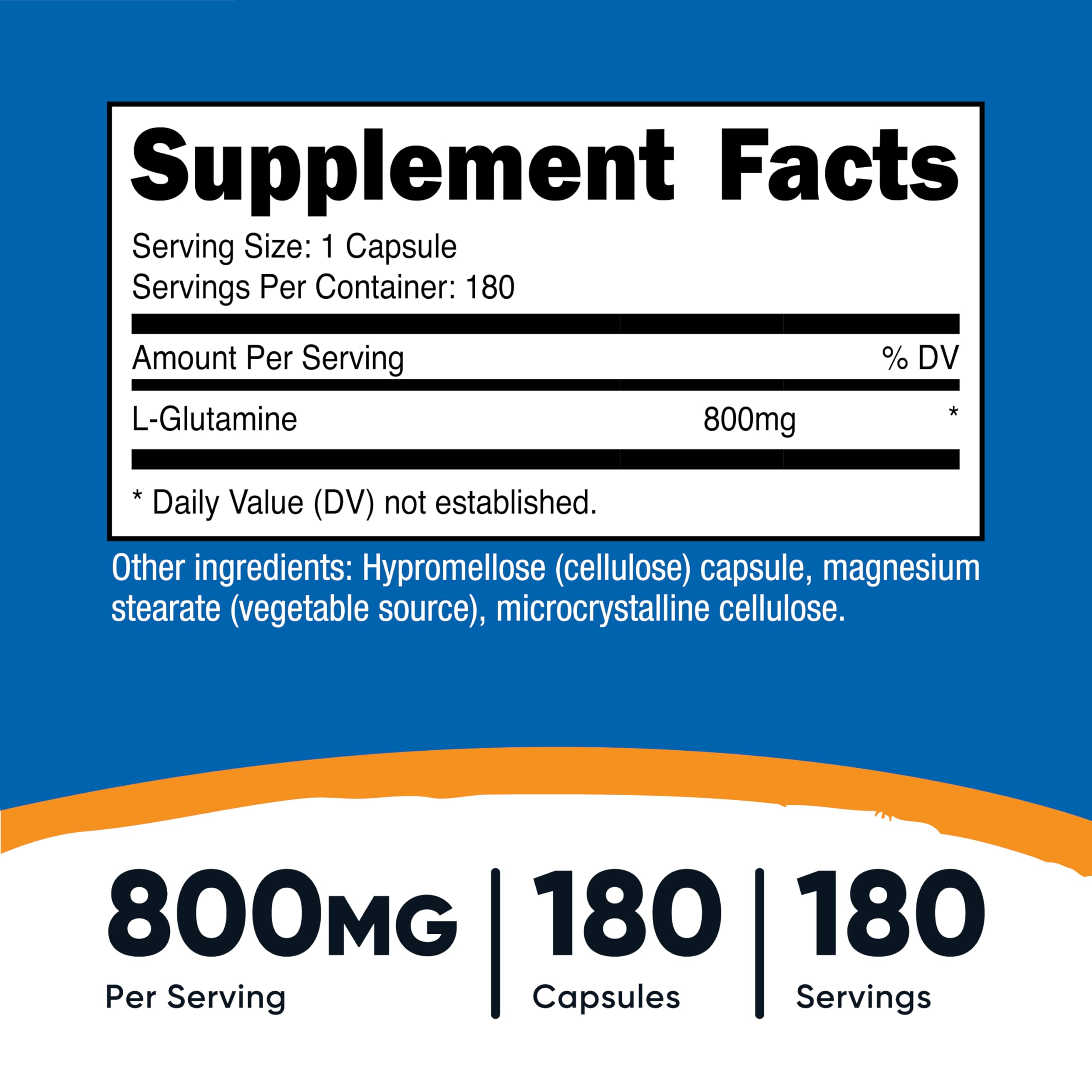 Nutricost L-Glutamine capsules close-up, convenient daily dosing for active lifestyles.
