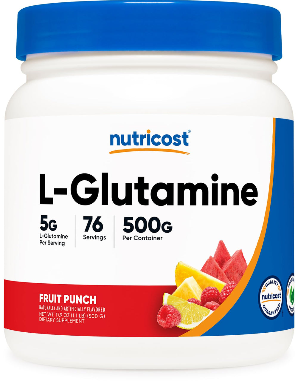 Nutricost L-Glutamine Fruit Punch bottle front, appealing daily supplement