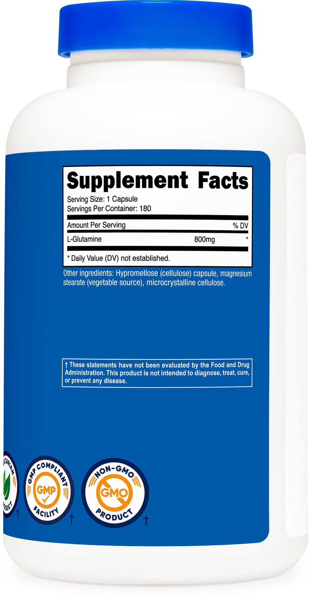 Nutricost L-Glutamine bottle displays gluten-free and non-GMO badges.