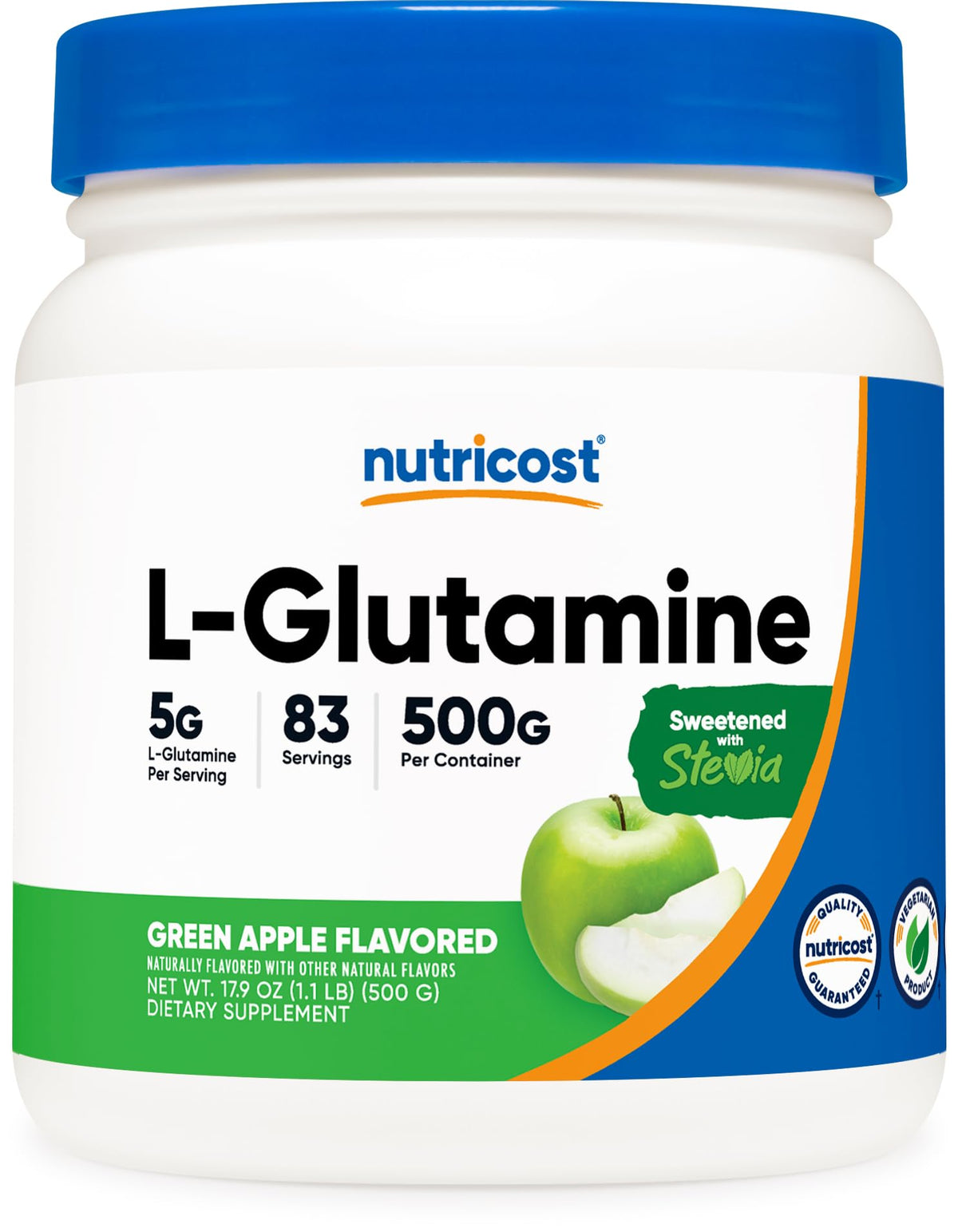 Nutricost L-Glutamine Green Apple bottle with powder, ideal for daily use.