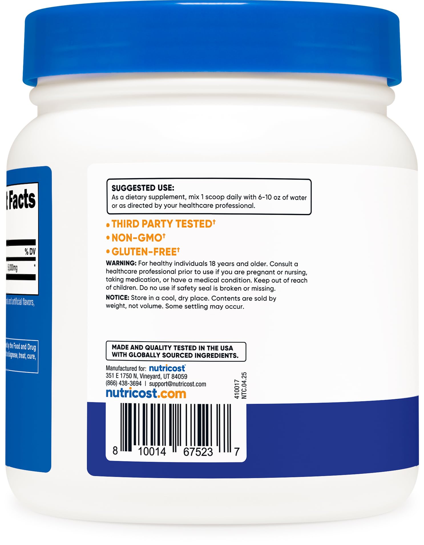 Nutricost branding on label highlighting gluten-free and non-GMO badges.