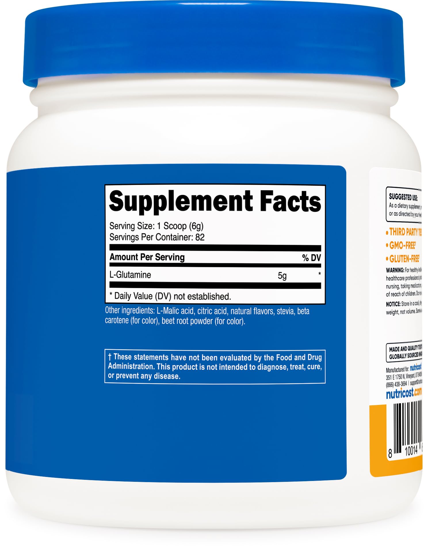 NSF GMP certified Nutricost Peach Mango L-Glutamine label on bottle.