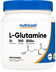 Nutricost L-Glutamine powder bottle on kitchen counter for quick daily use.