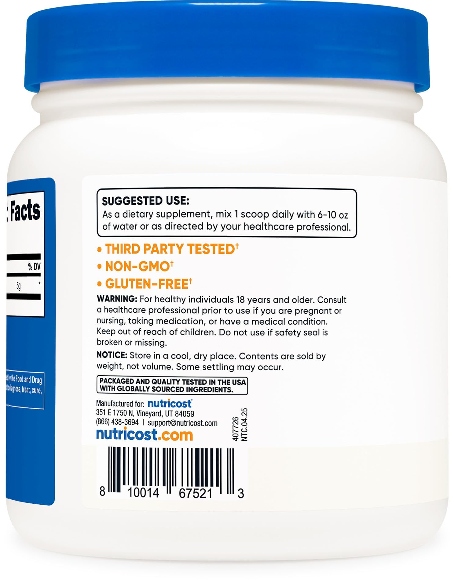 Label on Nutricost L-Glutamine powder highlights gluten-free and non-GMO benefits.