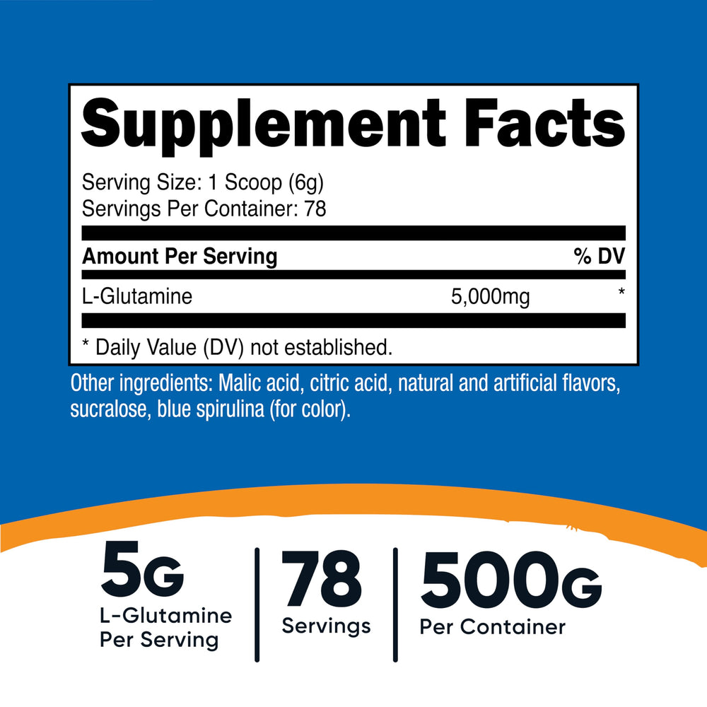 Nutricost L-Glutamine powder jar on kitchen counter ideal for daily supplement routine.