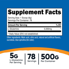 Nutricost L-Glutamine powder jar on kitchen counter ideal for daily supplement routine.