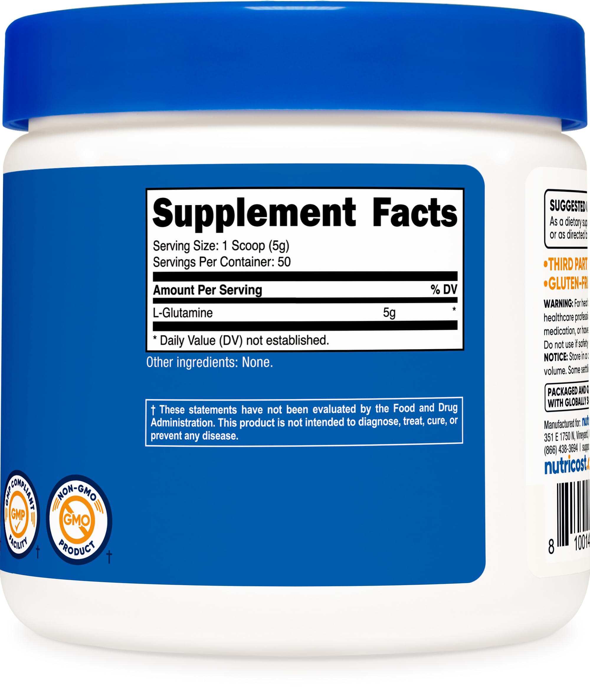 Nutricost L-Glutamine powder label highlights 250 grams and servings per bottle.
