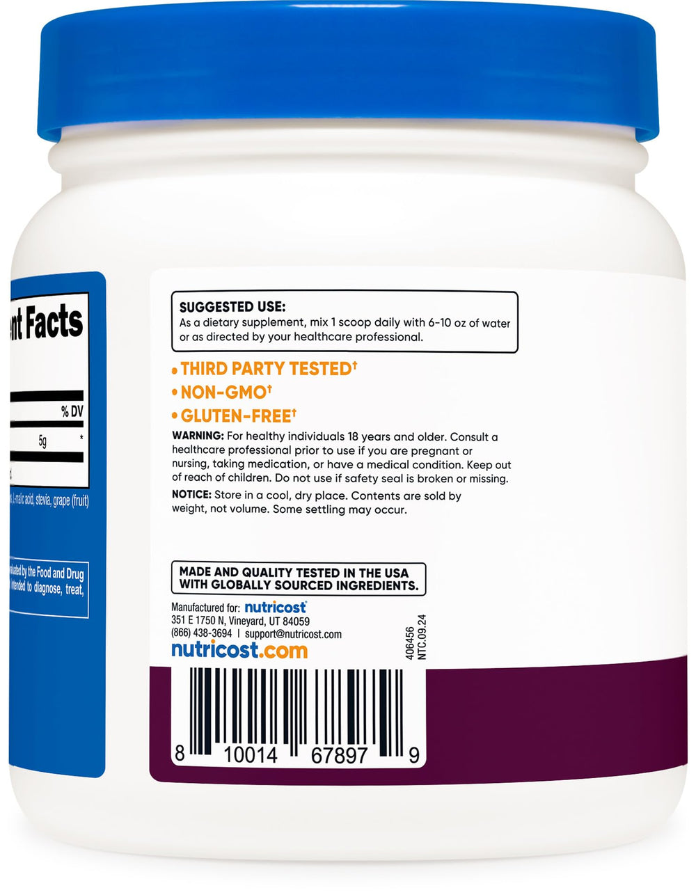 Nutricost L-Glutamine powder NSF certified and GMP compliant label.
