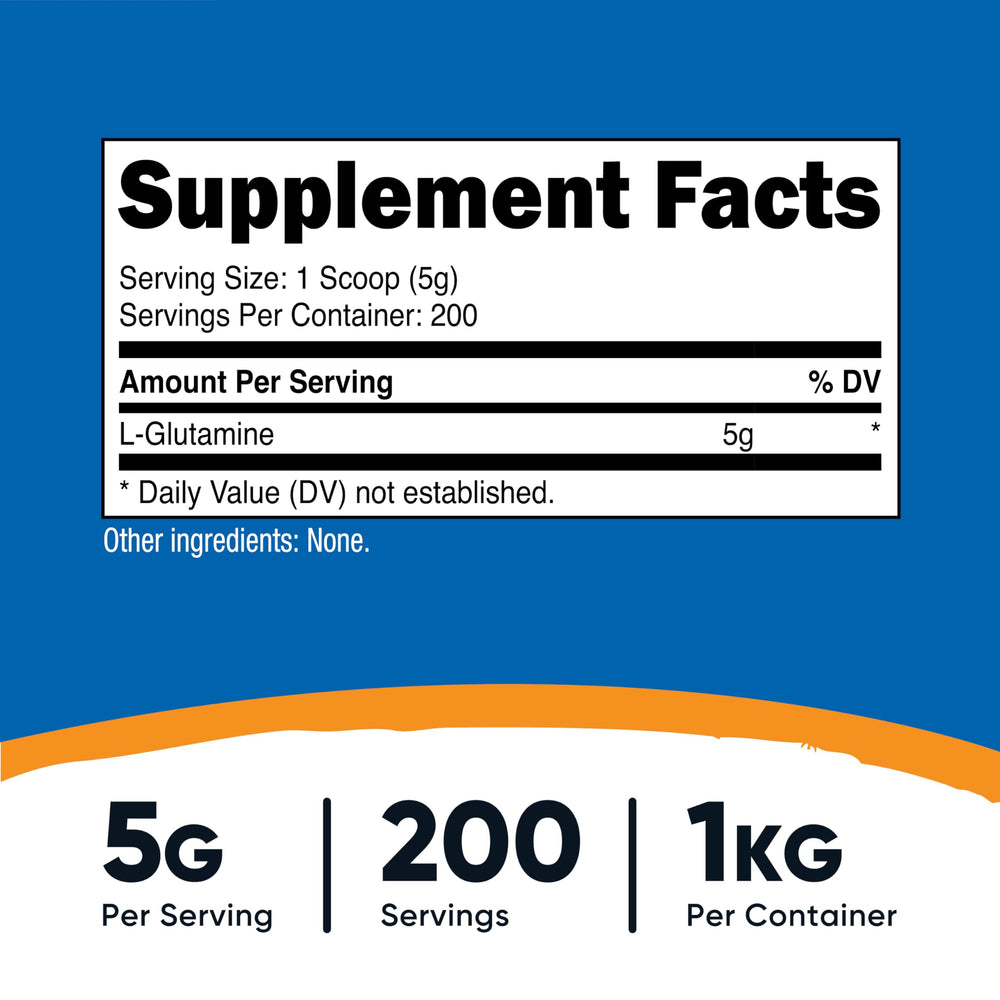 Nutricost L-Glutamine powder with measuring scoop for easy portions.