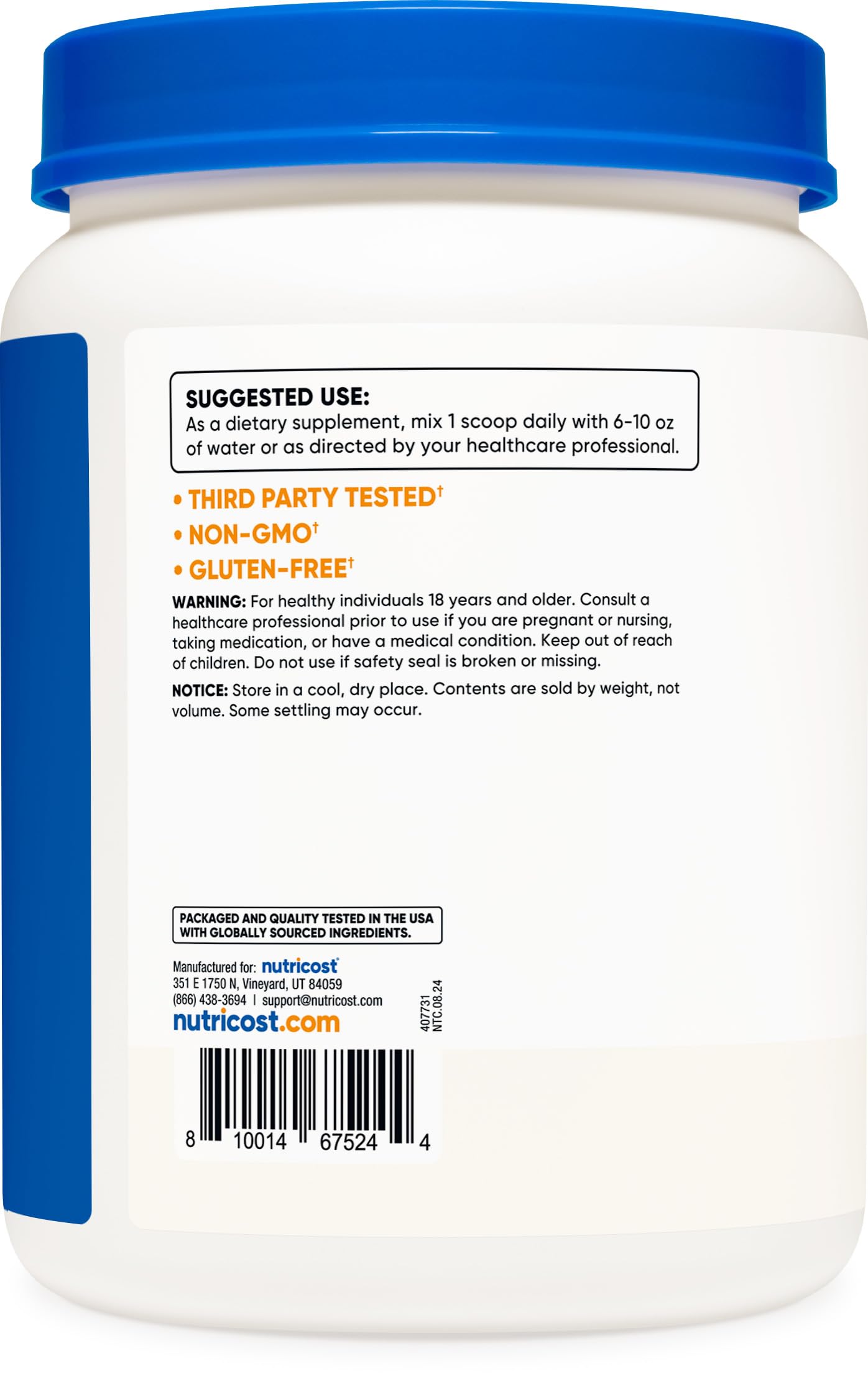 Nutricost L-Glutamine powder produced in a USA facility with GMP.