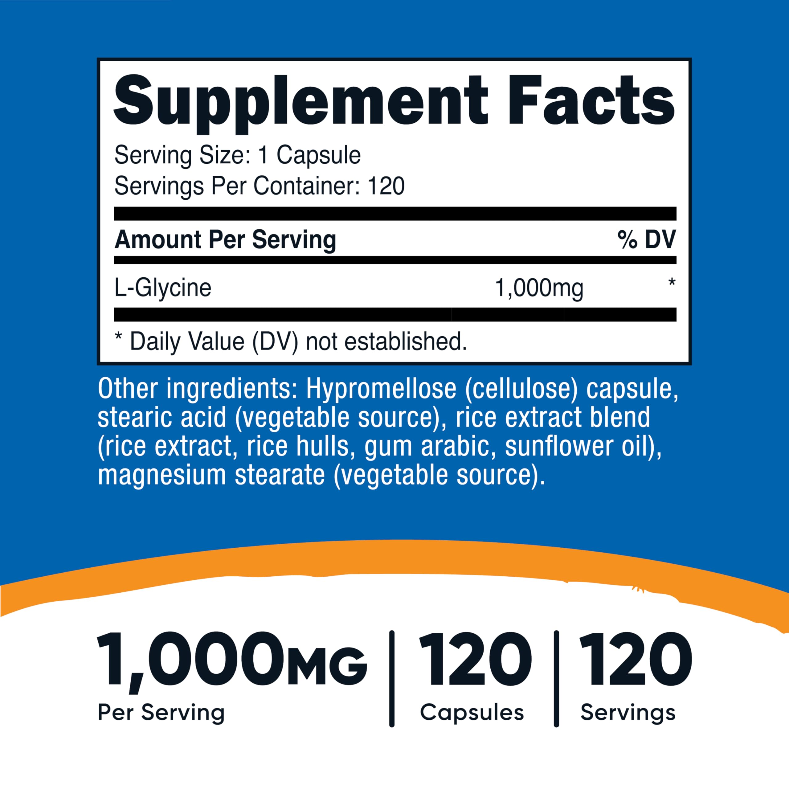 Nutricost L-Glycine 1000mg bottle front, easy to identify for daily supplementation.