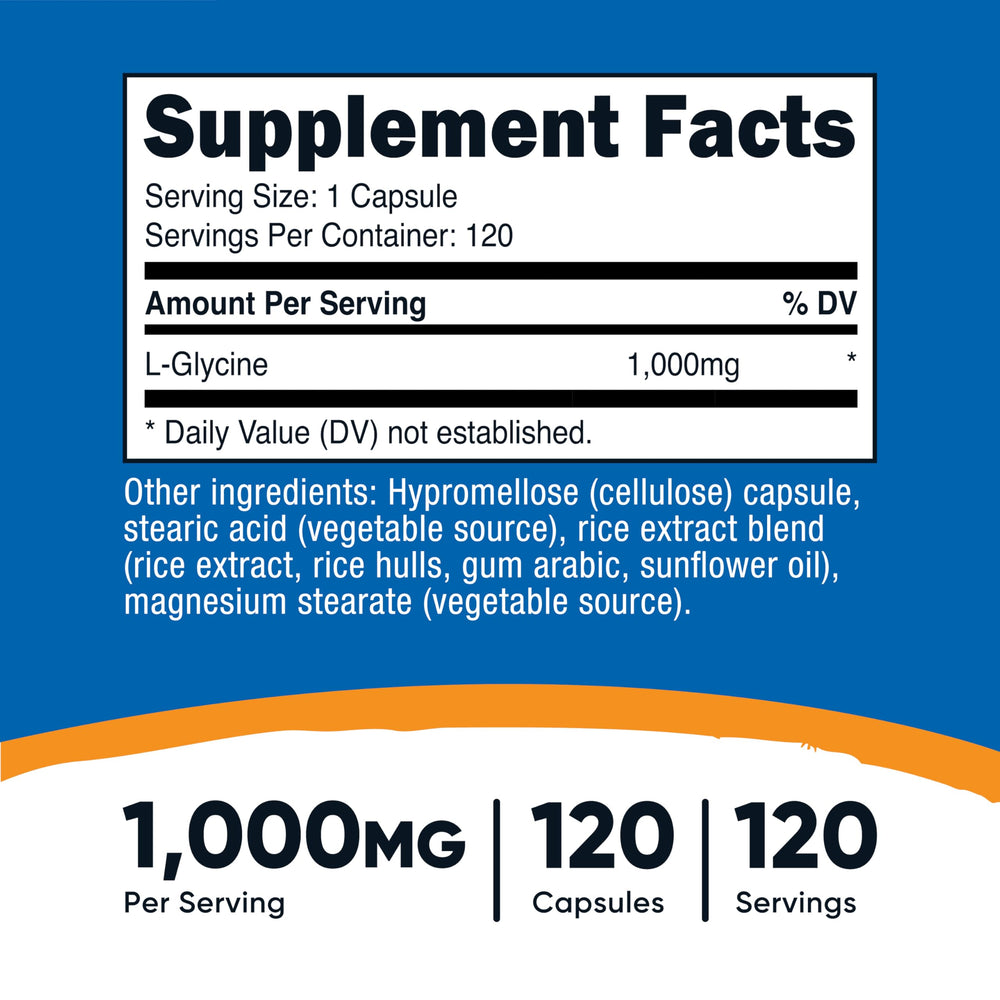 Nutricost L-Glycine 1000mg bottle front, easy to identify for daily supplementation.