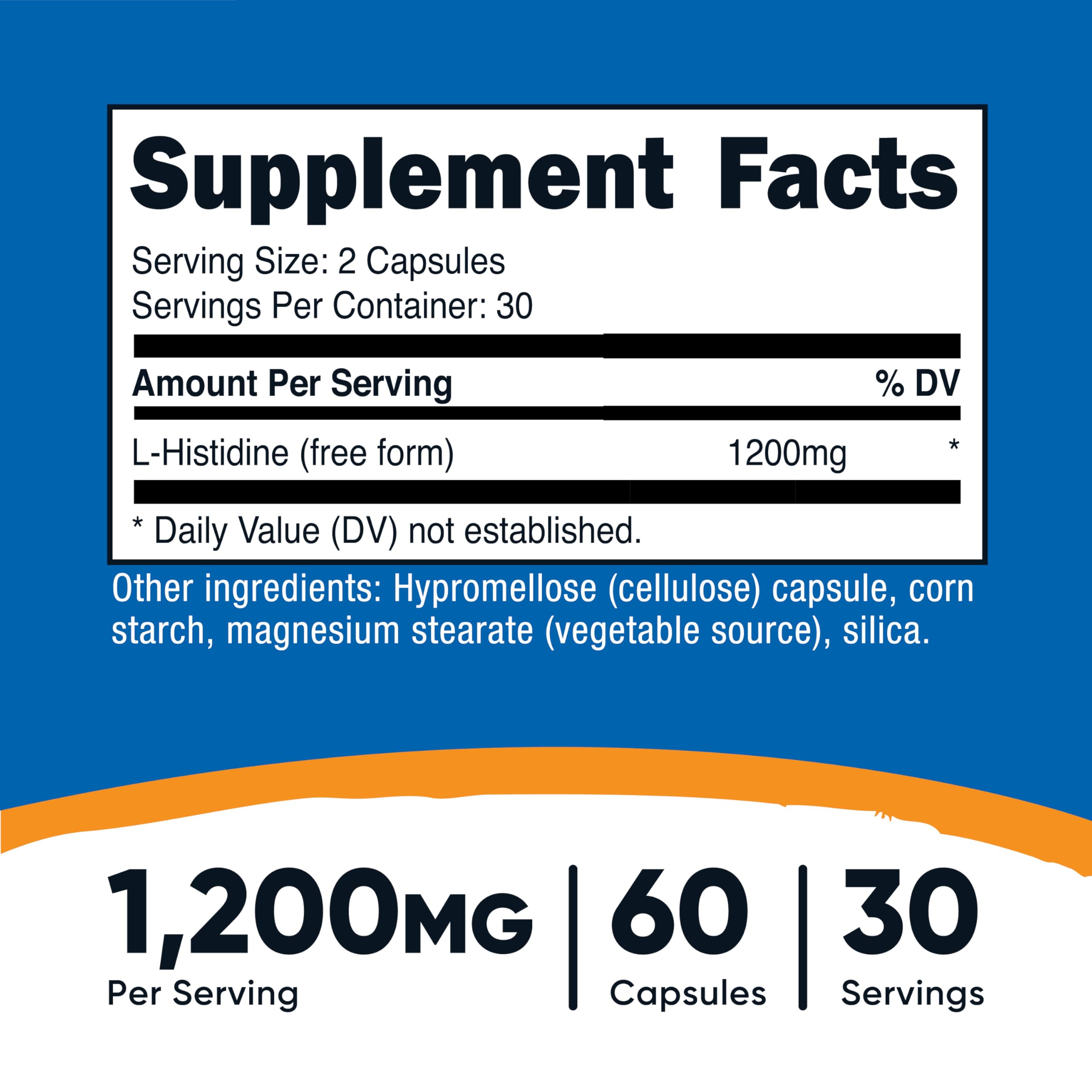 Nutricost L-Histidine bottle pour demonstrates easy two-capsule daily serving.