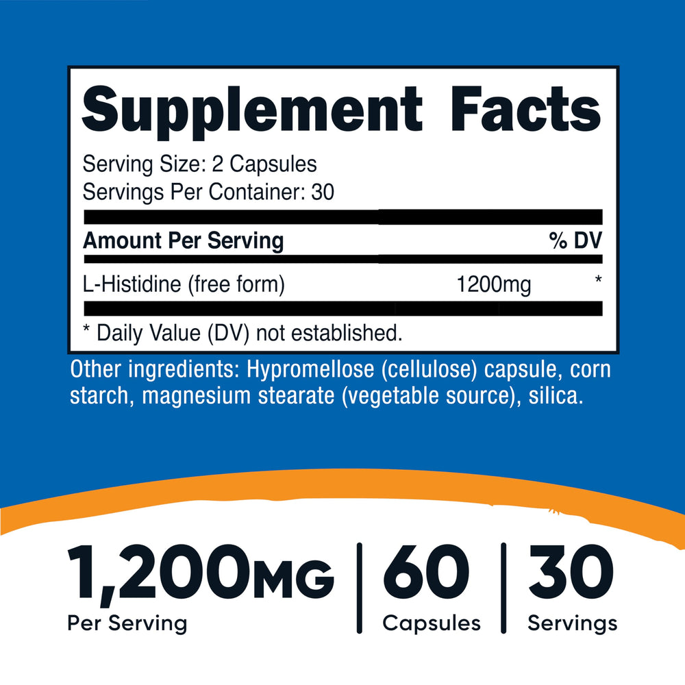 Nutricost L-Histidine bottle pour demonstrates easy two-capsule daily serving.