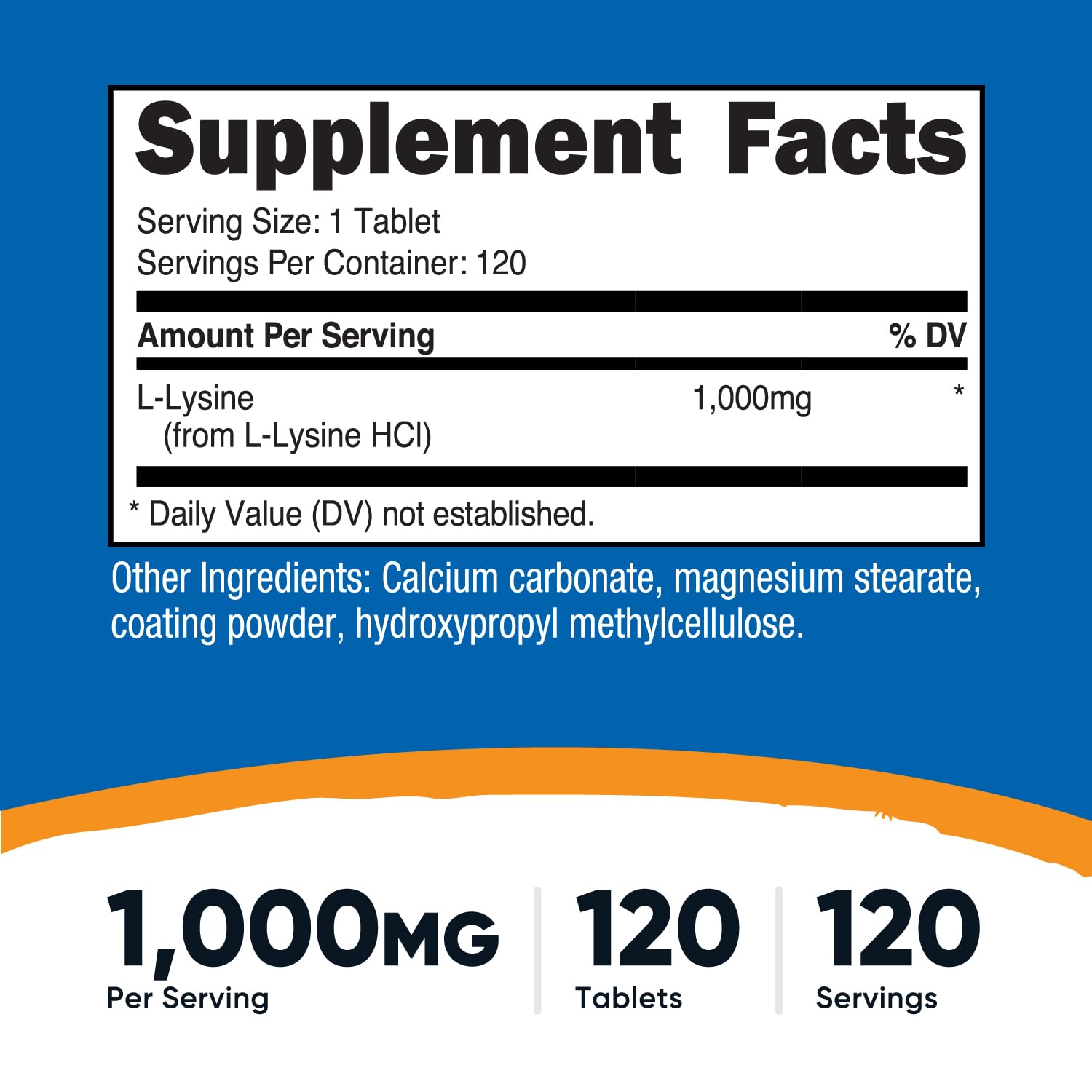 Nutricost L-Lysine 1000mg serving size shows 120 tablets for ongoing use