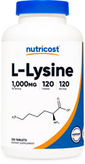 Nutricost L-Lysine 1000mg tablets bottle for daily amino acid support