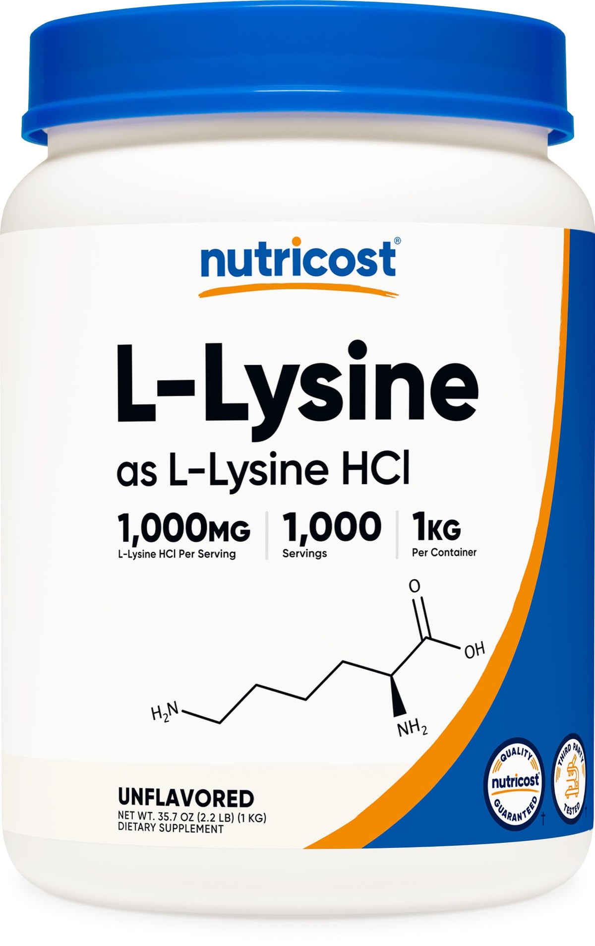 Nutricost L-Lysine powder 1kg label shows a pure, gluten-free formula for daily supplementation.