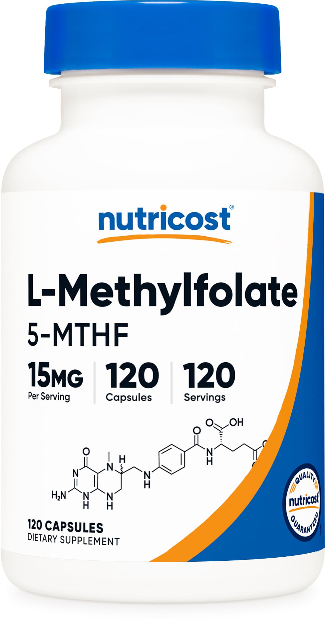 Nutricost L-Methylfolate 15mg bottle front for daily wellness support.