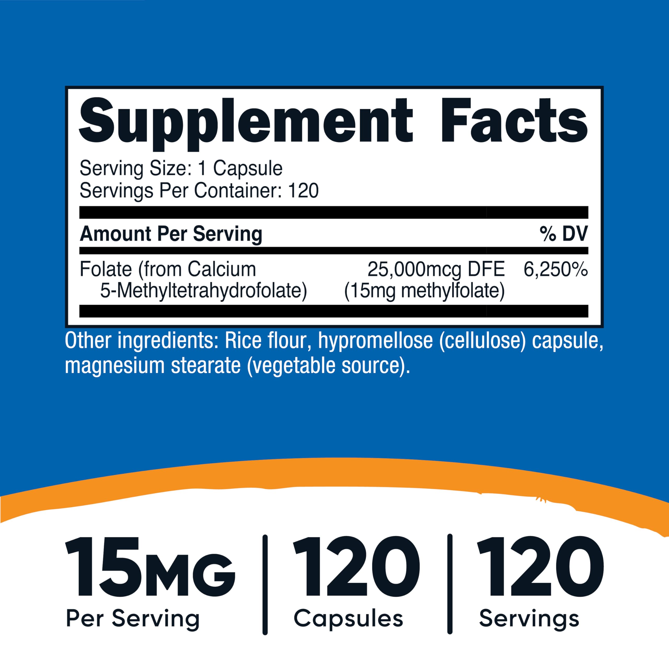 Nutricost L-Methylfolate 15mg nutrition facts panel for informed daily use.