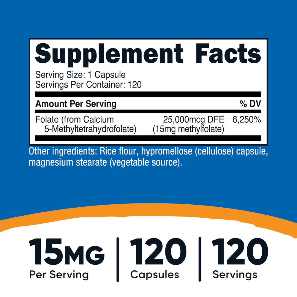 Nutricost L-Methylfolate 15mg nutrition facts panel for informed daily use.