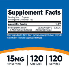 Nutricost L-Methylfolate 15mg nutrition facts panel for informed daily use.