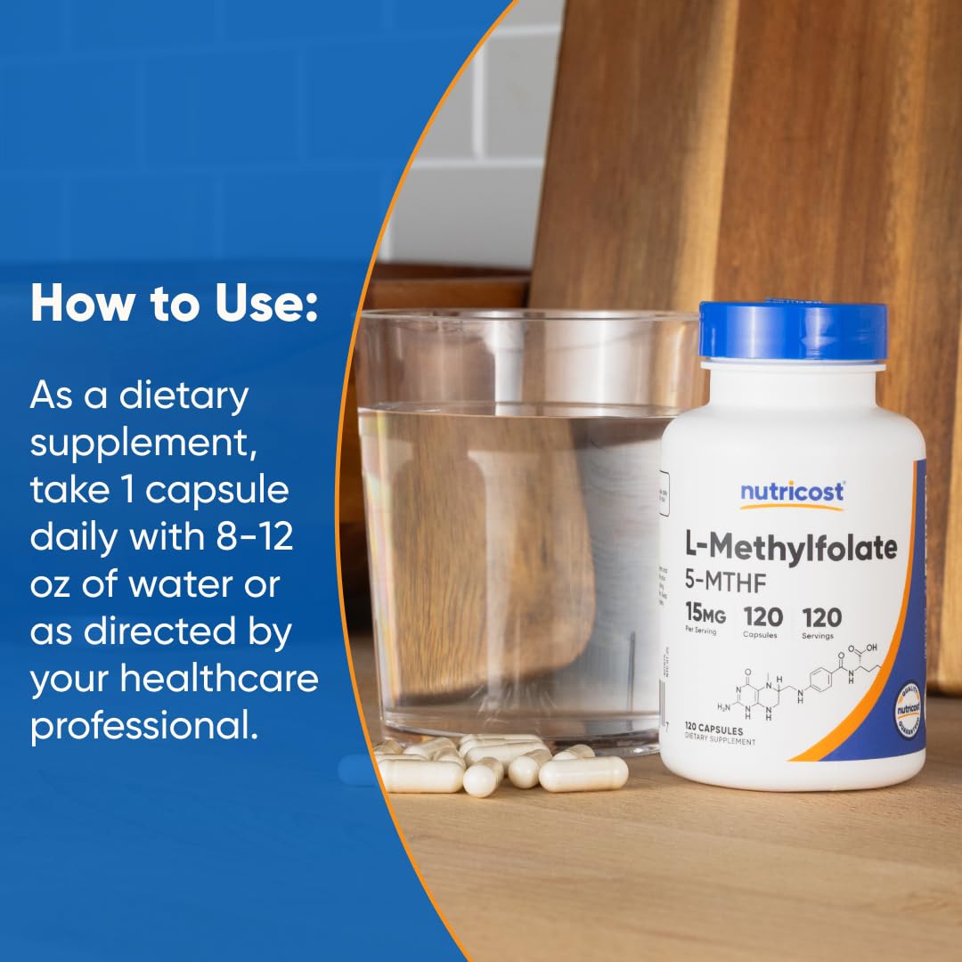 Nutricost L-Methylfolate capsules being poured for a simple daily routine.